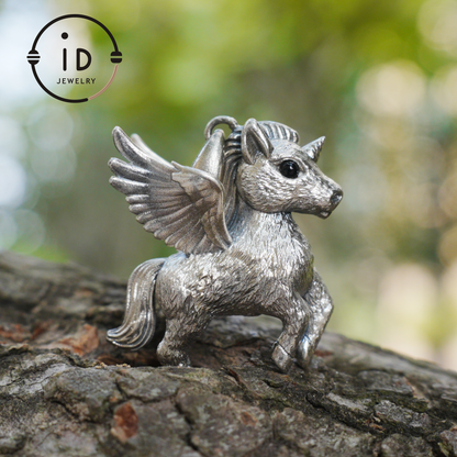 925 Silver Unicorn Pendant with Onyx Eyes, Pegasus Gothic Necklace Handmade Fantasy Jewelry, Gift for Women Birthday or Christmas