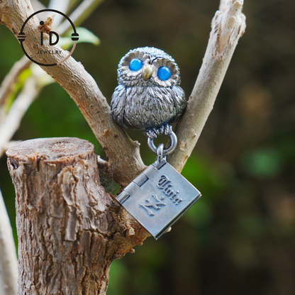 Owl Pendant with Blue Chalcedony in Oxidized 925 Silver Necklace Gothic Totem Jewelry Handmade Gift for Women Men Birthday Christmas