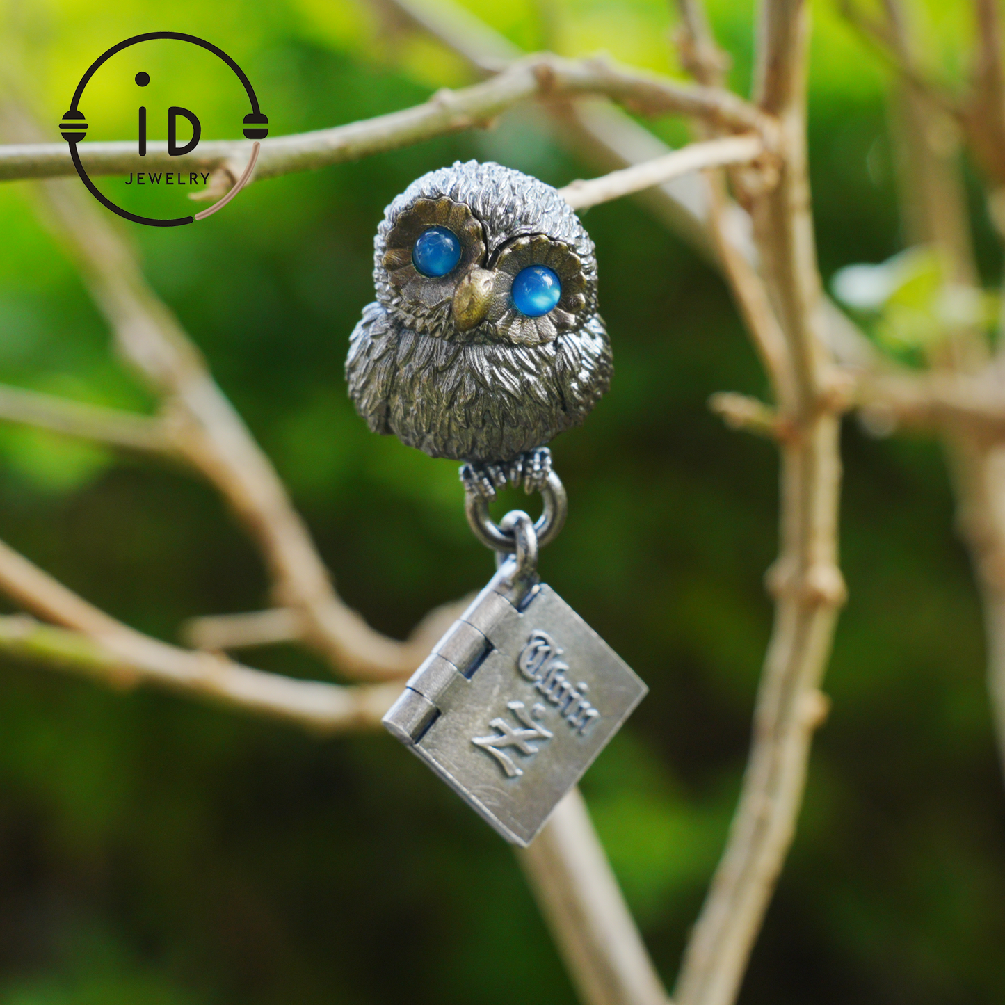 Owl Pendant with Blue Chalcedony in Oxidized 925 Silver Necklace Gothic Totem Jewelry Handmade Gift for Women Men Birthday Christmas