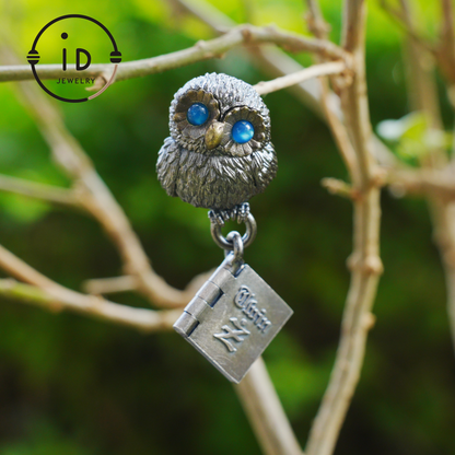 Owl Pendant with Blue Chalcedony in Oxidized 925 Silver Necklace Gothic Totem Jewelry Handmade Gift for Women Men Birthday Christmas