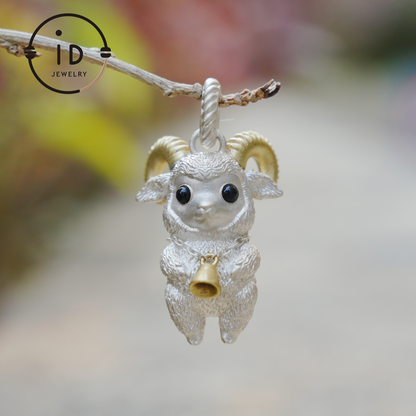 Lamb Pendant in 925 Silver with Onyx Eyes, Fantasy Animal Necklace, Gift for Her or Him, Fairy Jewelry for Birthday or Christmas