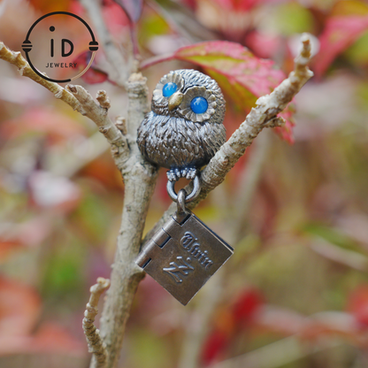 Owl Pendant with Blue Chalcedony in Oxidized 925 Silver Necklace Gothic Totem Jewelry Handmade Gift for Women Men Birthday Christmas