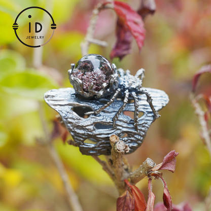 Phantom Quartz Spider Ring in 925 Silver, Adjustable Gothic Totem Statement Jewelry, Natural Stone Gift for Men and Women