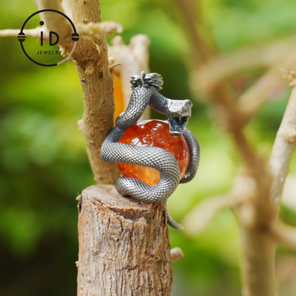 Snake Pendant in 925 Sterling Silver with Lodolith Quartz, Oxidized Gothic Style Amulet Necklace Gift for Him Birthday or Christmas