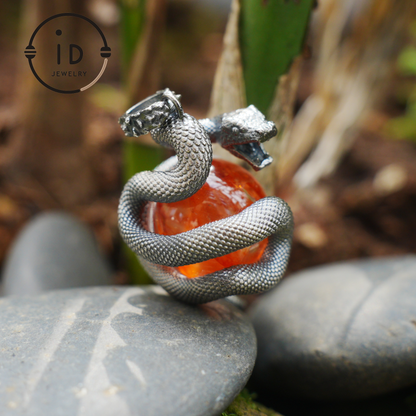 Snake Pendant in 925 Sterling Silver with Lodolith Quartz, Oxidized Gothic Style Amulet Necklace Gift for Him Birthday or Christmas