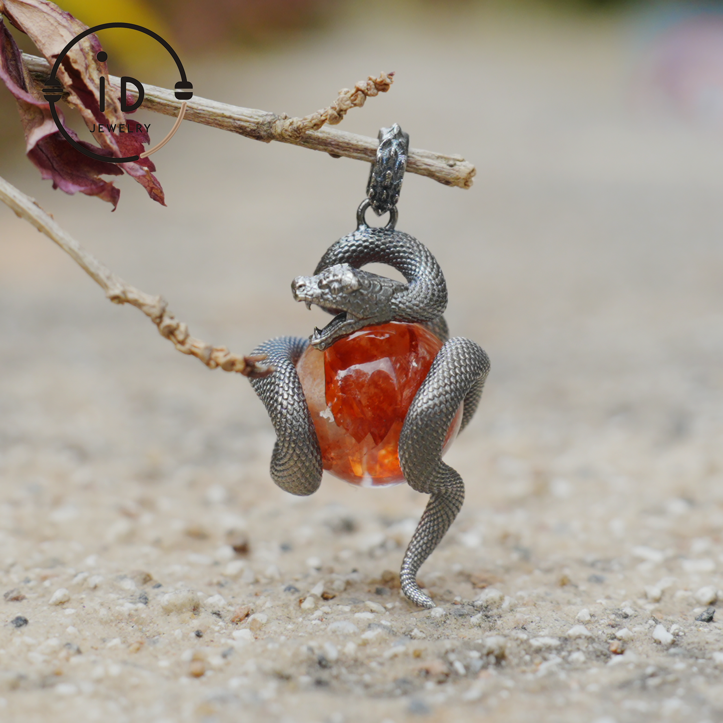 Snake Pendant in 925 Sterling Silver with Lodolith Quartz, Oxidized Gothic Style Amulet Necklace Gift for Him Birthday or Christmas