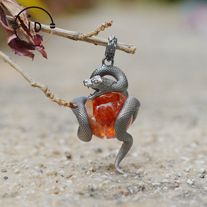 Snake Pendant in 925 Sterling Silver with Lodolith Quartz, Oxidized Gothic Style Amulet Necklace Gift for Him Birthday or Christmas