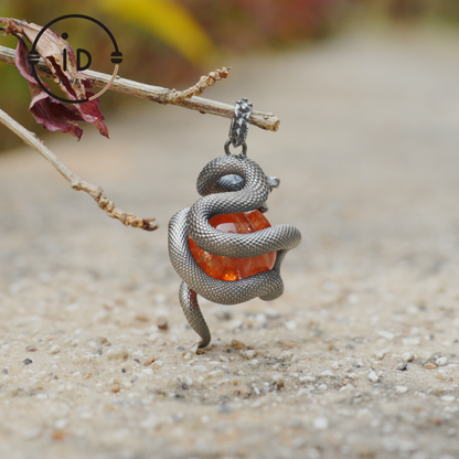 Snake Pendant in 925 Sterling Silver with Lodolith Quartz, Oxidized Gothic Style Amulet Necklace Gift for Him Birthday or Christmas