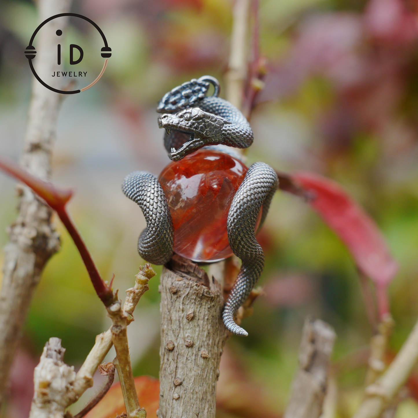 Snake Pendant in 925 Sterling Silver with Lodolith Quartz, Oxidized Gothic Style Amulet Necklace Gift for Him Birthday or Christmas