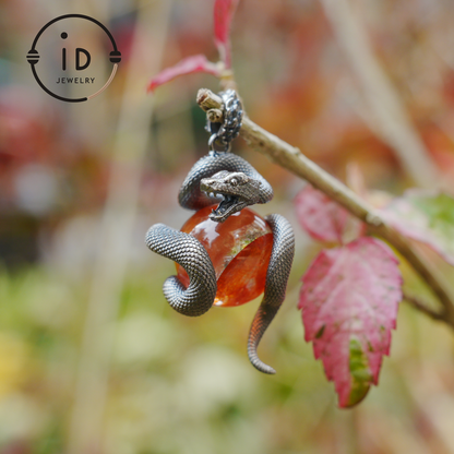 Snake Pendant in 925 Sterling Silver with Lodolith Quartz, Oxidized Gothic Style Amulet Necklace Gift for Him Birthday or Christmas