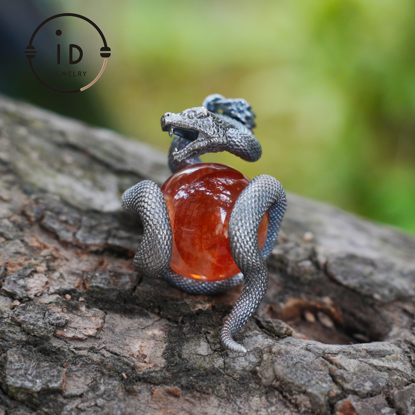 Snake Pendant in 925 Sterling Silver with Lodolith Quartz, Oxidized Gothic Style Amulet Necklace Gift for Him Birthday or Christmas