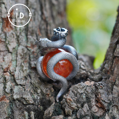 Snake Pendant in 925 Sterling Silver with Lodolith Quartz, Oxidized Gothic Style Amulet Necklace Gift for Him Birthday or Christmas