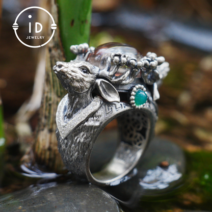 Silver Stag Head Ring with Phantom Quartz, Green Chalcedony & Onyx, Gothic Statement Jewelry, Unisex Gift for Him or Her