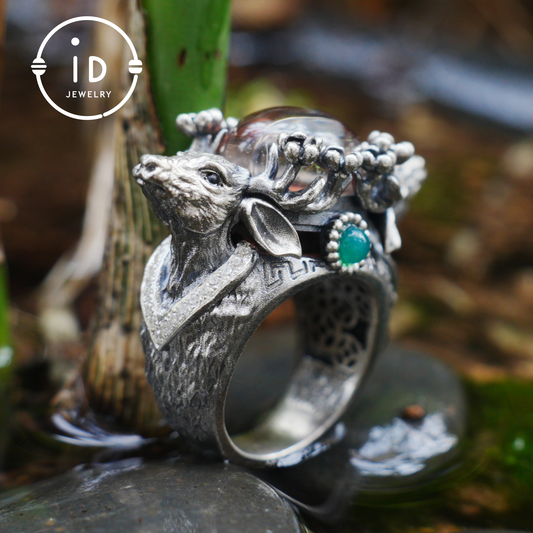 Silver Stag Head Ring with Phantom Quartz, Green Chalcedony & Onyx, Gothic Statement Jewelry, Unisex Gift for Him or Her