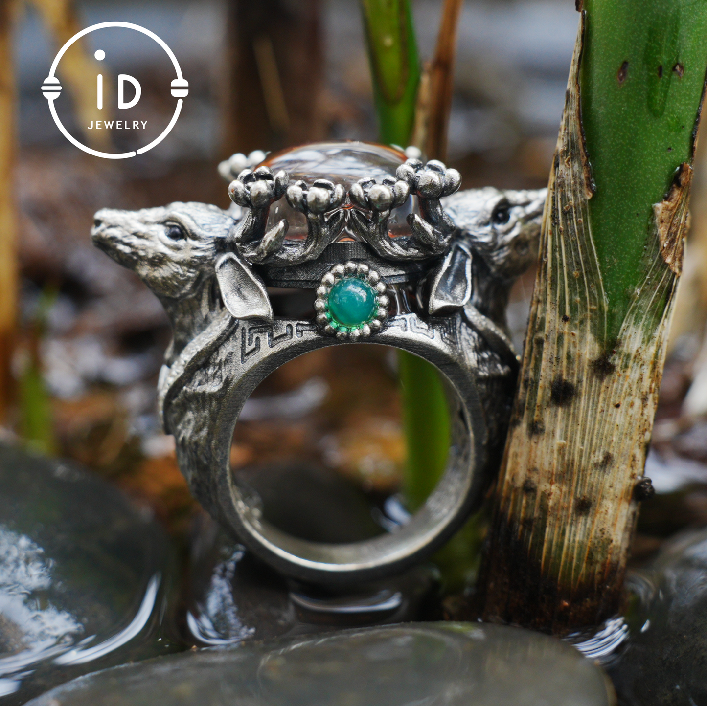 Silver Stag Head Ring with Phantom Quartz, Green Chalcedony & Onyx, Gothic Statement Jewelry, Unisex Gift for Him or Her