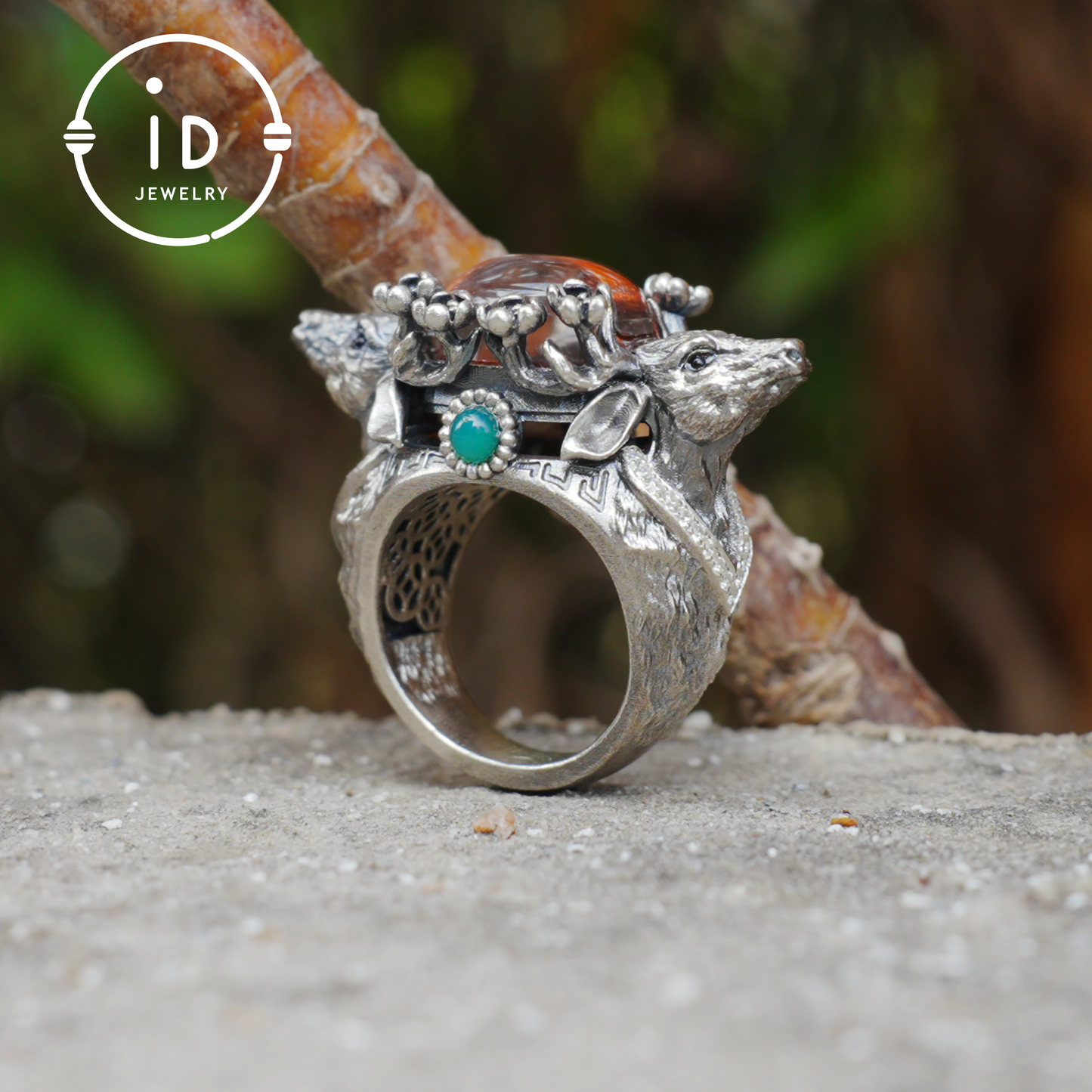 Silver Stag Head Ring with Phantom Quartz, Green Chalcedony & Onyx, Gothic Statement Jewelry, Unisex Gift for Him or Her