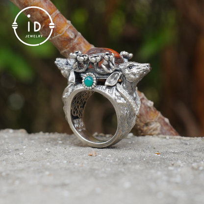 Silver Stag Head Ring with Phantom Quartz, Green Chalcedony & Onyx, Gothic Statement Jewelry, Unisex Gift for Him or Her