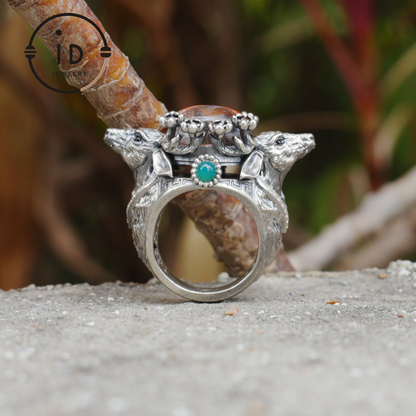Silver Stag Head Ring with Phantom Quartz, Green Chalcedony & Onyx, Gothic Statement Jewelry, Unisex Gift for Him or Her