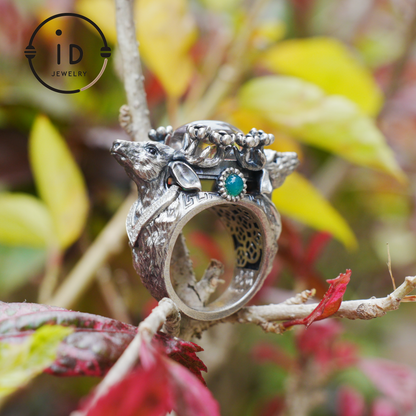 Silver Stag Head Ring with Phantom Quartz, Green Chalcedony & Onyx, Gothic Statement Jewelry, Unisex Gift for Him or Her