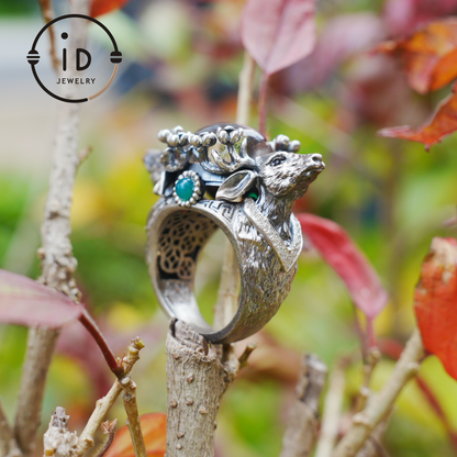 Silver Stag Head Ring with Phantom Quartz, Green Chalcedony & Onyx, Gothic Statement Jewelry, Unisex Gift for Him or Her