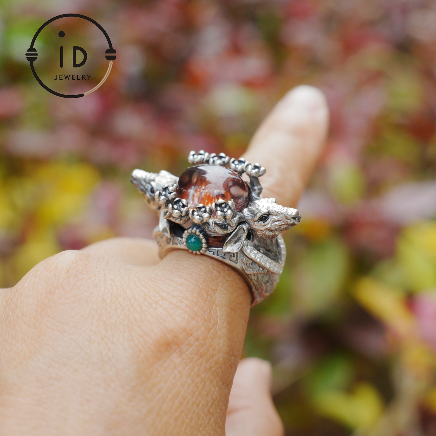 Silver Stag Head Ring with Phantom Quartz, Green Chalcedony & Onyx, Gothic Statement Jewelry, Unisex Gift for Him or Her