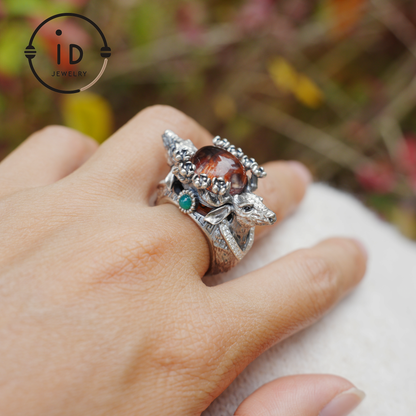 Silver Stag Head Ring with Phantom Quartz, Green Chalcedony & Onyx, Gothic Statement Jewelry, Unisex Gift for Him or Her