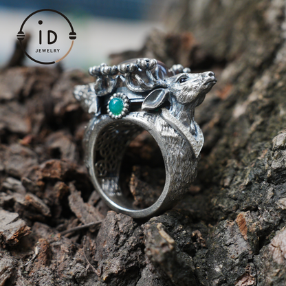 Silver Stag Head Ring with Phantom Quartz, Green Chalcedony & Onyx, Gothic Statement Jewelry, Unisex Gift for Him or Her