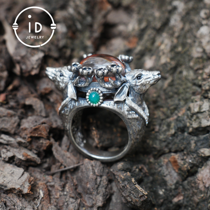 Silver Stag Head Ring with Phantom Quartz, Green Chalcedony & Onyx, Gothic Statement Jewelry, Unisex Gift for Him or Her