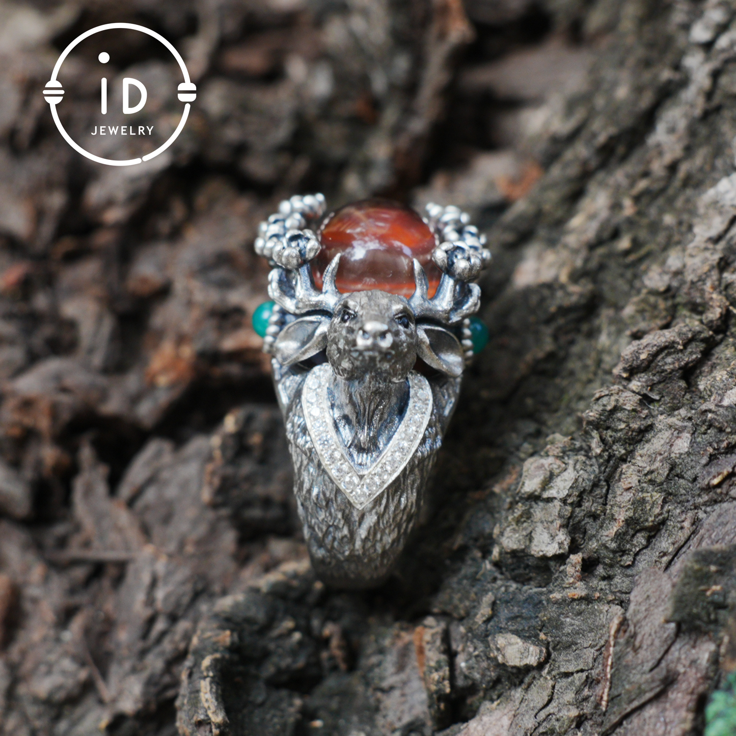 Silver Stag Head Ring with Phantom Quartz, Green Chalcedony & Onyx, Gothic Statement Jewelry, Unisex Gift for Him or Her