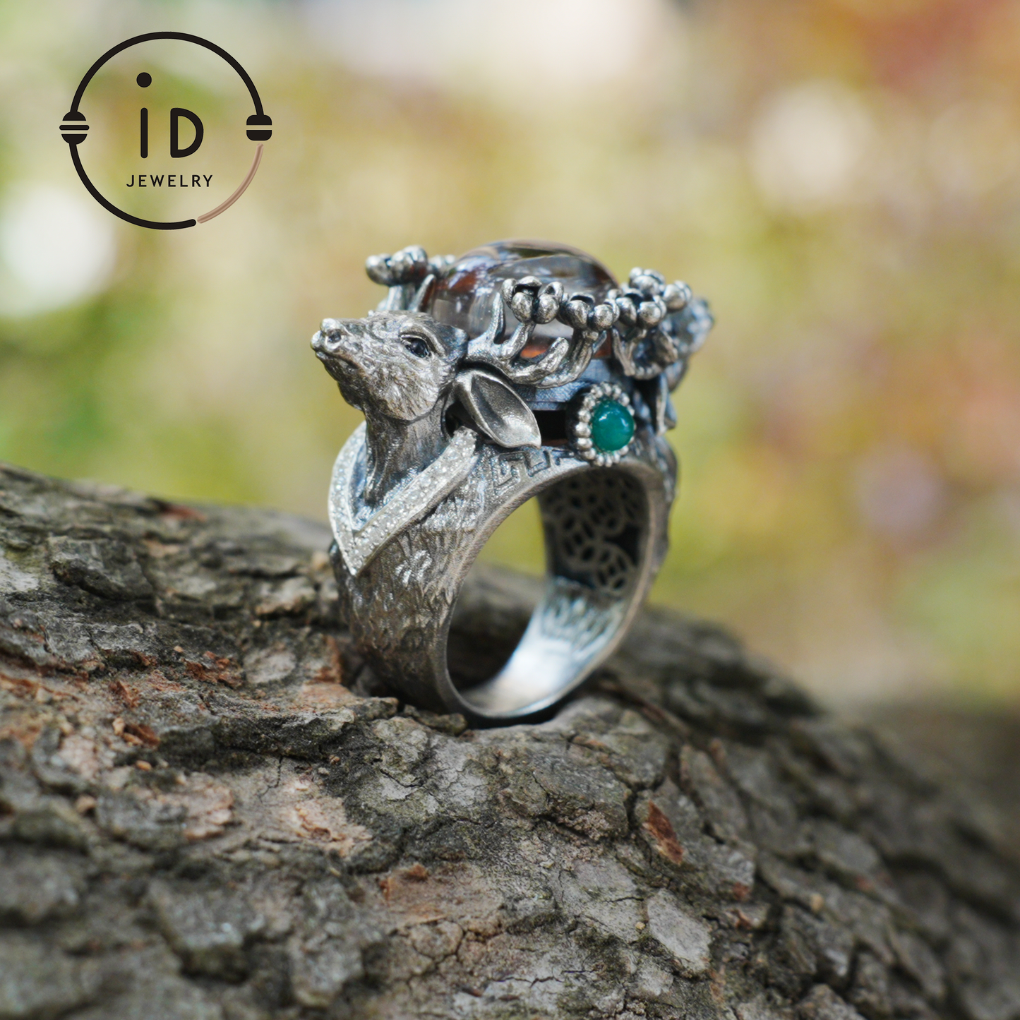 Silver Stag Head Ring with Phantom Quartz, Green Chalcedony & Onyx, Gothic Statement Jewelry, Unisex Gift for Him or Her