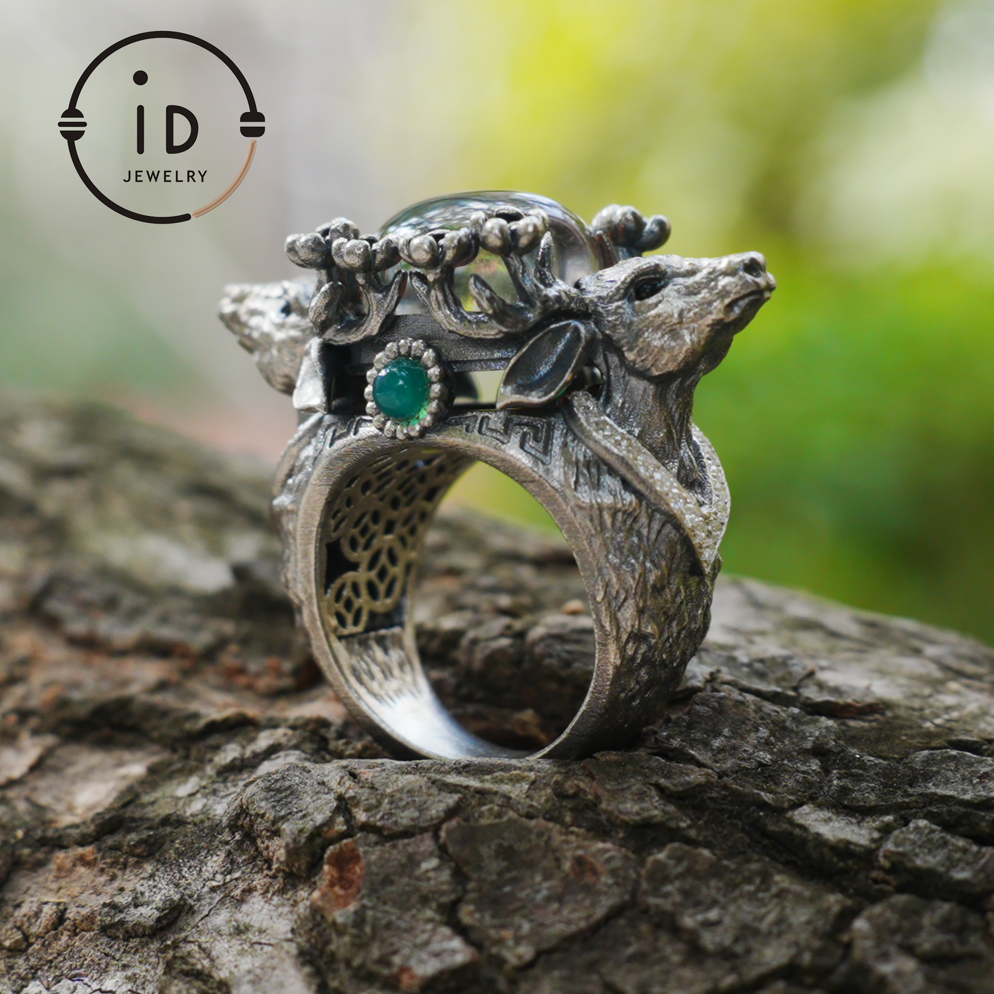 Silver Stag Head Ring with Phantom Quartz, Green Chalcedony & Onyx, Gothic Statement Jewelry, Unisex Gift for Him or Her
