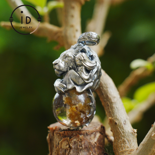Totem Pendant in 925 Sterling Silver with Lion and Girl Figure, Handmade Talisman with Phantom Quartz Stone, Unique Gift for Men