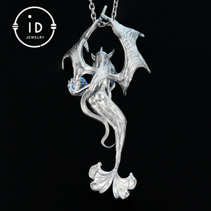 Silver Pendant with Ocean Blue Stone, Gothic Capricorn Necklace, Fantasy Jewelry for Women, Unique Gift Birthday Astrology