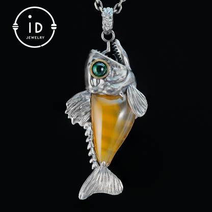 Silver Fish Pendant with Carnelian, Gothic Fantasy Necklace in Sterling Silver, Handmade Animal Jewelry Gift for Her or Him, Birthday