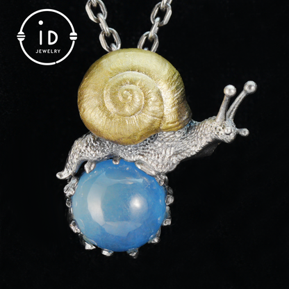 Aquamarine pendant in silver and bronze with snail design, handmade fantasy nature jewelry, animal necklace gift for her or him