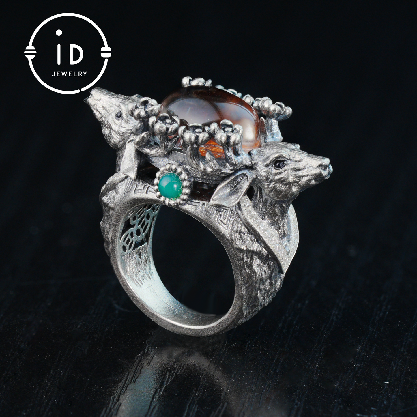 Silver Stag Head Ring with Phantom Quartz, Green Chalcedony & Onyx, Gothic Statement Jewelry, Unisex Gift for Him or Her