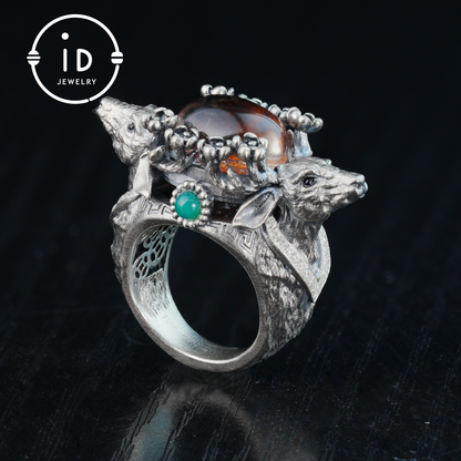 Silver Stag Head Ring with Phantom Quartz, Green Chalcedony & Onyx, Gothic Statement Jewelry, Unisex Gift for Him or Her