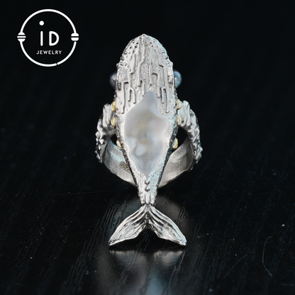 Silver Fish Ring in 925 Silver with White Quartz and Labradorite, Adjustable Statement Ring in Naturecore Style, Handmade Gift for Her