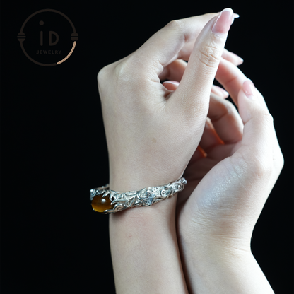 Handmade Open Cuff Torque Bracelet Silver Jewelry | Protective Amulet Bracelet | Vintage Nature Style