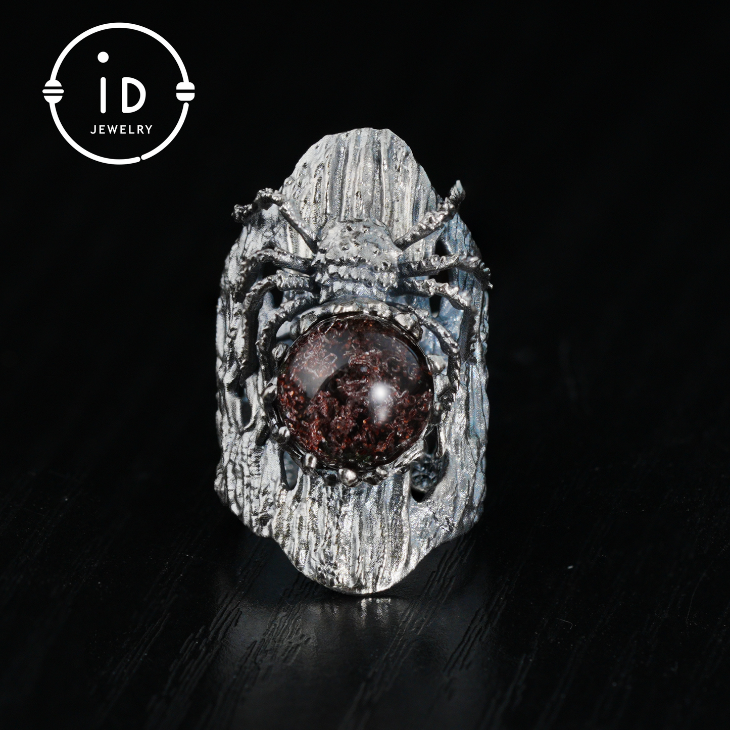 Phantom Quartz Spider Ring in 925 Silver, Adjustable Gothic Totem Statement Jewelry, Natural Stone Gift for Men and Women