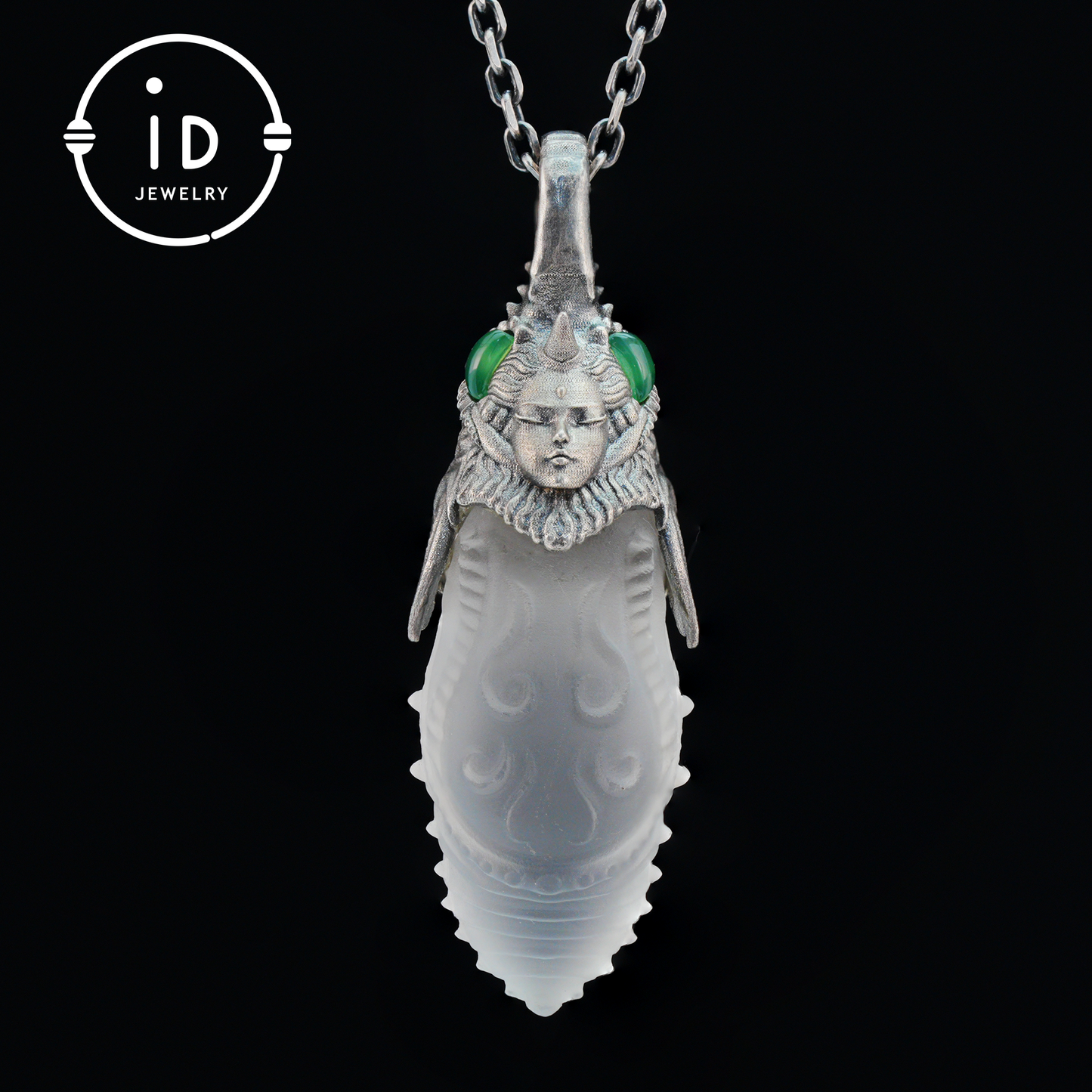Carved Rock Crystal Pendant in 925 Silver with Green Chalcedony in Gothic Totem Style, Gift for Her or Spiritual Jewelry Lovers