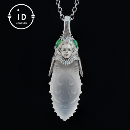 Carved Rock Crystal Pendant in 925 Silver with Green Chalcedony in Gothic Totem Style, Gift for Her or Spiritual Jewelry Lovers