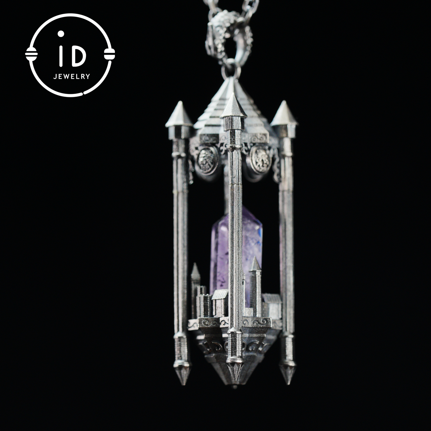 Architectural Amethyst Pendant｜Natural Crystal Wrapped in Silver Columns｜Focus Symbol for the Soul｜Mystical Gothic Gift for Her