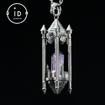 Architectural Amethyst Pendant｜Natural Crystal Wrapped in Silver Columns｜Focus Symbol for the Soul｜Mystical Gothic Gift for Her