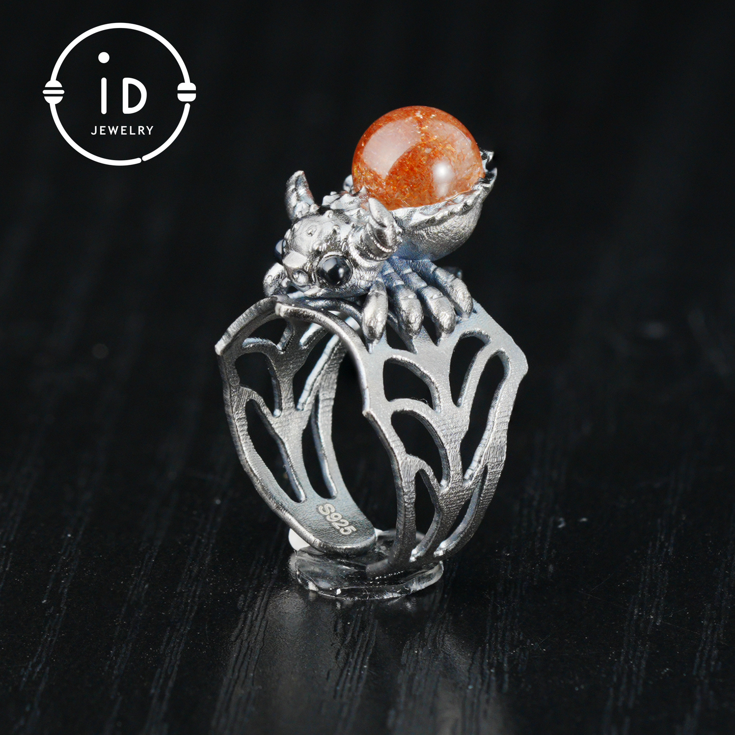Spider Ring in 925 Silver with Round Sunstone and Black Agate Eyes, Oxidized Vintage Animal Jewelry Ring for Women, Gift Idea