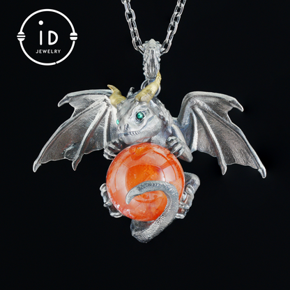 Handcrafted Dragon Pendant with Orange Crystal in 925 Silver, Gothic Fantasy Style, Talisman Gift for Men & Women