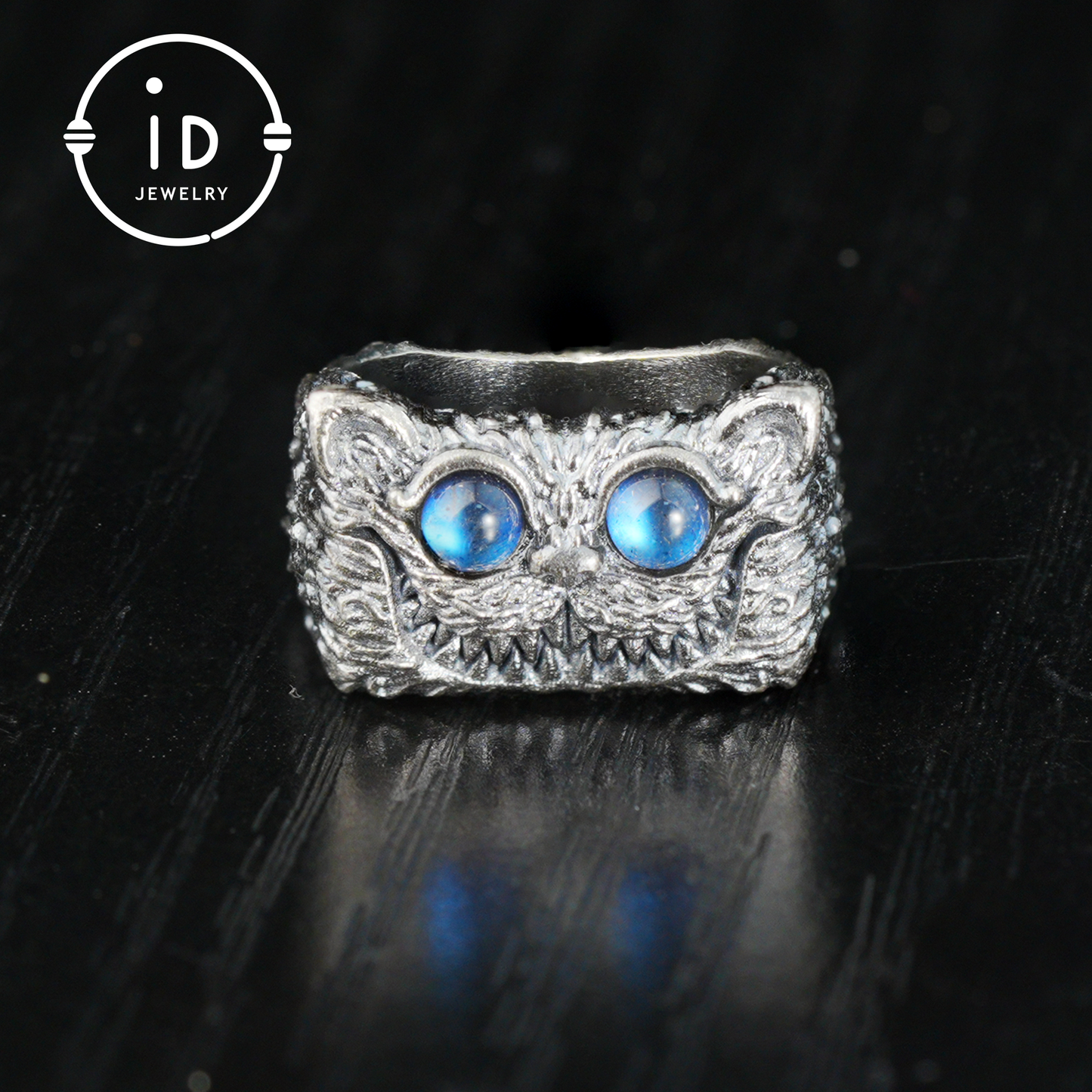 Sterling silver cat face ring with labradorite, oxidized totem animal ring gift for men and women, mystical boho jewelry