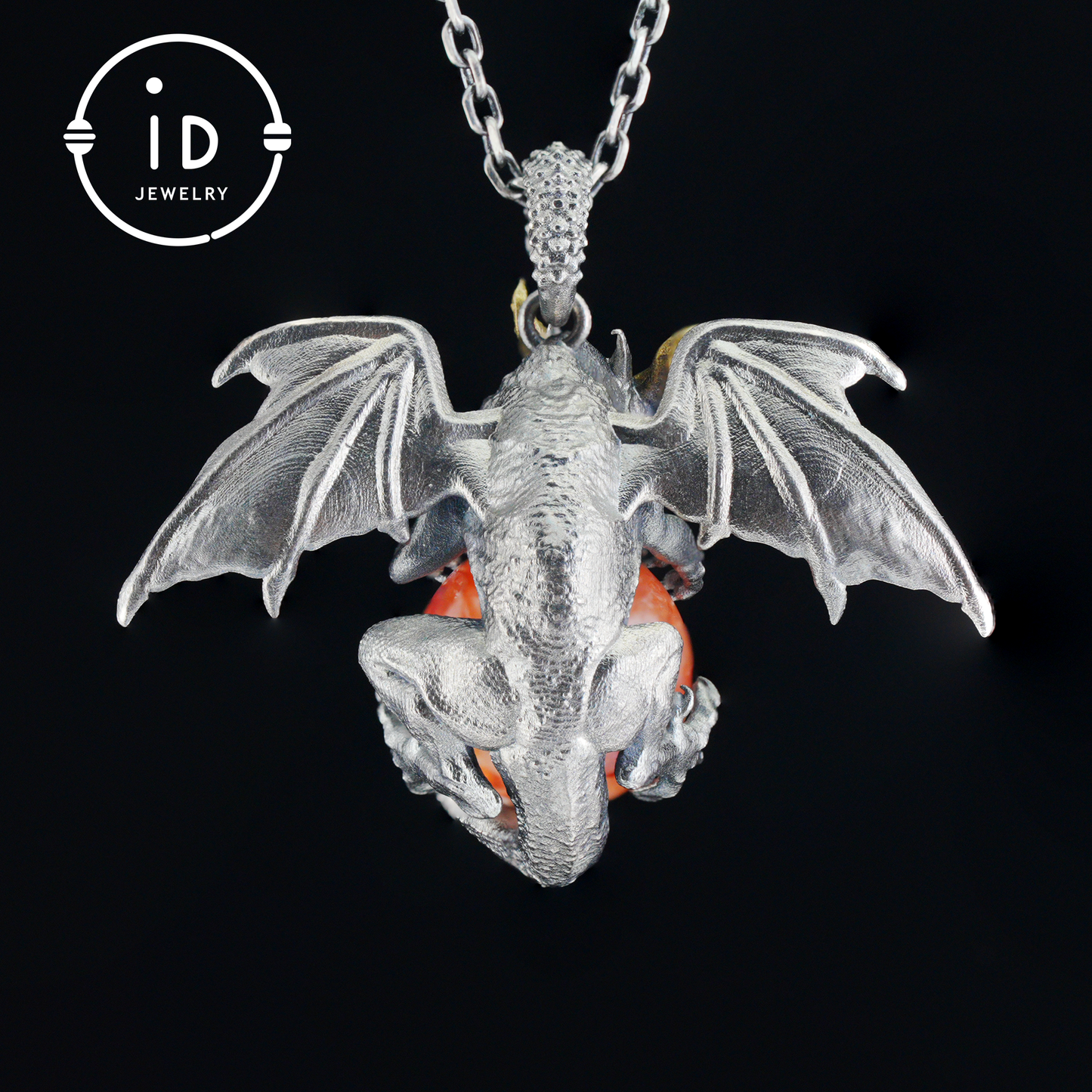 Handcrafted Dragon Pendant with Orange Crystal in 925 Silver, Gothic Fantasy Style, Talisman Gift for Men & Women