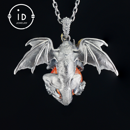 Handcrafted Dragon Pendant with Orange Crystal in 925 Silver, Gothic Fantasy Style, Talisman Gift for Men & Women