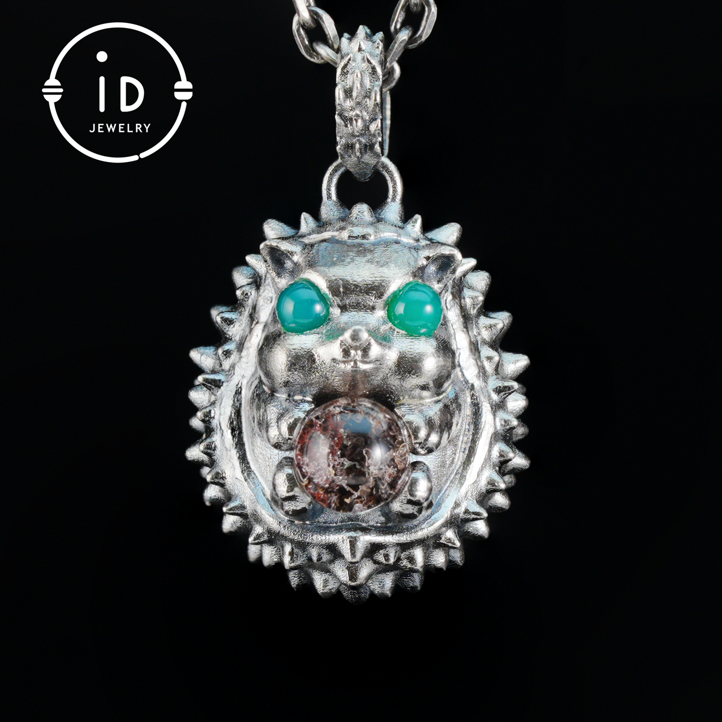 Hedgehog Pendant in 925 Sterling Silver with Phantom Quartz and Green Chalcedony, Oxidized Gothic Vintage Necklace Gift for Him
